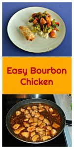 Pin Image: A place with an egg roll on one side and a pile of rice topped with broccoli, chicken, and red peppers in a brown sauce, text overlay, a saute pan with chicken bubbling in brown sauce.