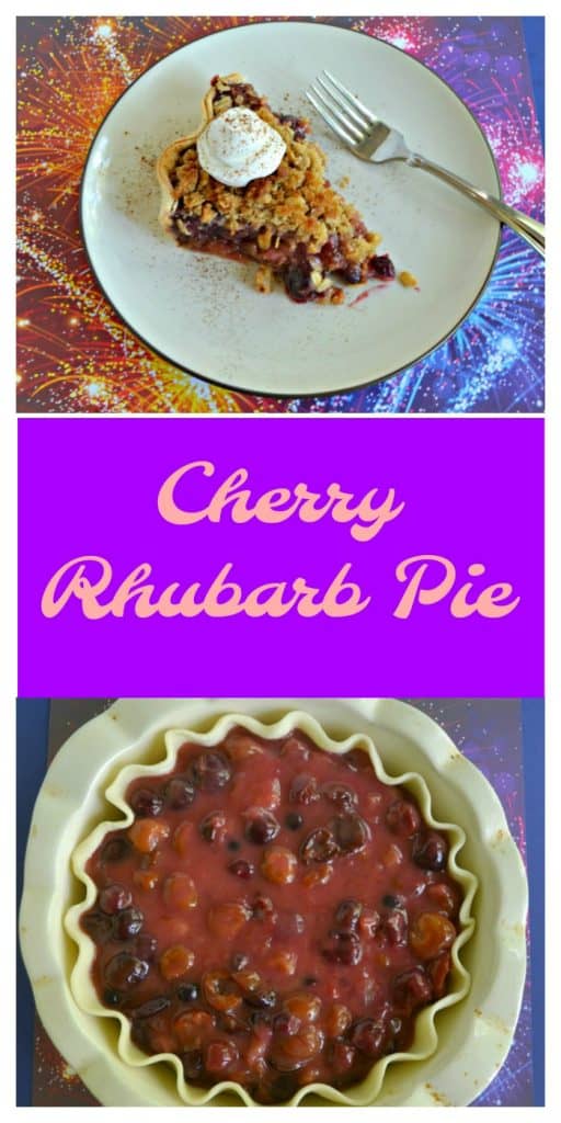 Pin Image: A plate topped with a slice of pie with a scoop of whipped cream on top with a fork sitting next to it sitting on a firework background, text overlay, a pie pan with an unbaked fluted pie crust filled with cherries and rhubarb.
