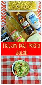 Pin Image: A cutting board with oil, vinegar, cheese, vegetables, salami, and pasta, text overlay, and a bowl of bow tie pasta with fresh herbs, carrots, and meat on a red and white checked background.