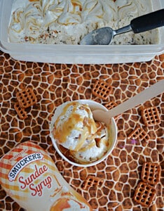 A top view of a cup of ice cream with caramel on it and a container of ice cream.