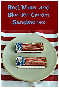 Pinterest Image: Text over lay, Two ice cream sandwiches decorated with blue chocolate on the left with edible pearls and red and white horizontal squiggles on nthe right to resemble a flag. Sitting on a red and white tablecloth.