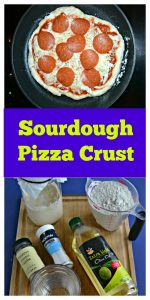 Pin Image: A pizza in a skillet topped with cheese and pepperoni, text overlay, a cutting board topped with a sourdough starter, flour, and water.