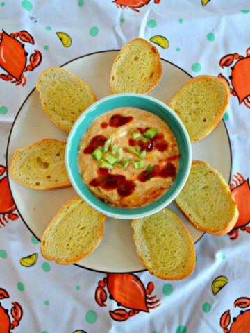 Plate with a small bowl in the middle filled with crab dip drizzled with BBQ sauce and sprinkled with green onions surrounded by buttered crostini on a crab tablecloth.