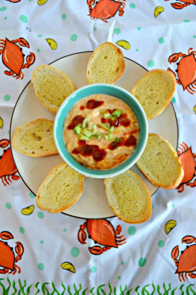 A plate with a small bowl in the middle filled with crab dip drizzled with BBQ sauce and sprinkled with green onions surrounded by buttered crostini on a crab tablecloth.