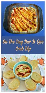 Pin Image: A baking dish filled with crab dip and topped with orange cheddar cheese, a drizzle of BBQ Sauce, and a sprinkle of green onions, text overlay, a plate with a bowl in the middle filled with crab dip drizzled with BBQ sauce and green onions surrounded by buttered crostini.
