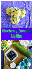 Pin Image: Top view of three muffins facing up with one muffin on top of the other three all on a purple backgound, text overlay, a cutting board with vegetable oil, a cup of flour, a large zucchini, blueberries, eggs, and cups of sugar.