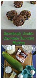 Pin Image: Three chocolate muffins in a triangle formation with one in the background on a white backdrop, Text Overlay, a cutting board lined with a jar of sourdough starter, a cup of flour, a bag of chocolate chips, and a large zucchini.
