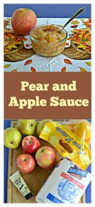 Pin Image: A bowl of Pear and Apple Sauce sitting on a white background printed with brown cornucopias and orange and yellow fall leaves, text overlay, a cutting board with pears, apples, a bag of lemons, a bag of sugar, and a tube of vanilla paste on it.