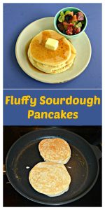 Pin Image: A stack of pancakes on a plate topped with a pat of butter and a bowl of fresh fruit, text overlay, a skillet with two pancakes cooking in it.