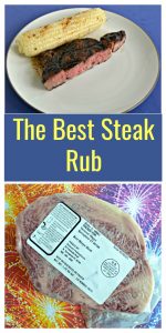 Pin Image: A plate with an ear of corn on the cob with a large piece of steak in front of it that hass grill marks on the top and a pink center sitting on a plate on a blue background, text overlay, a large ribeye vaccum sealed sitting on a red, yellow, blue, and purple fireworks background.