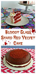 Pin Image: A large slice of red velvet cake with three layers in between buttercream frosting with a red drizzle running down the side and a candy glass shard sticking out of it. In the upper right hand corner you can see a silver cake stand with a white cake and bloody drizzle on it, text overlay, red velvet cakes with buttercream frosting in the middle on a red and white tablecloth.