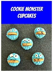 Pin Image: Text Overlay, Five cupcakes arranged in an X, each one topped with blue frosting, google candy eyes, and a half cookie mouth that looks like Cookie Monster.