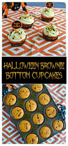 Pin Image: Four cupcakes with white frosting and black and orange sprinkles with a pumpkin topper on an orange and white background with an orange and black spider creeping up on them from the back left, text overlay, a muffin tin with 12 cupcakes in it with a spider creeping in from the top left on an orange and white background.