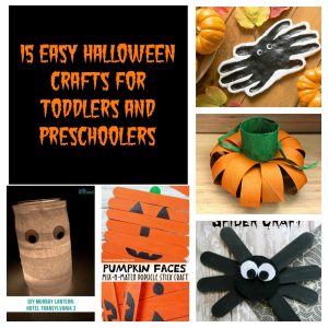 Pin Image: Text Overlay, a photo of a clay spider that is painted black, an orange paper pumpkin, a black craft stick spider, an orange craft stick pumpkin, and a toilet paper ghost lantern.