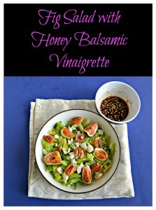 Pin Image: Text overlay, A large bowl filled with mixed greens and topped with ripe pink figs, crumbled white cheese, and pecan halves with a small bowl of balsamic vinaigrette in the upper right hand corner on a sparkly white background.