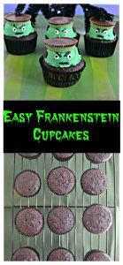 Pin Image: A green striped background with one cupcake sitting forward and three in a row behind it. Each cupcake is in a black wrapper with a mound of green frosting, peanut butter cup hat, angry eyebrows, angry flat mouth, and edible google eyes.