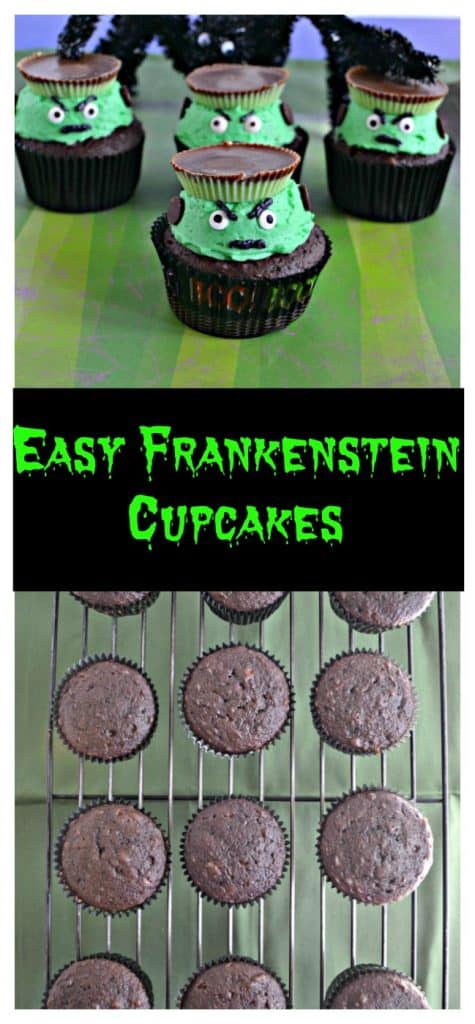 Pin Image: A green striped background with one cupcake sitting forward and three in a row behind it. Each cupcake is in a black wrapper with a mound of green frosting, peanut butter cup hat, angry eyebrows, angry flat mouth, and edible google eyes.