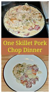 Pin Image: A skillet filled with white gravy and pork chops, red potatoes, and carrots peaking out from the gravy, text overlay, A white plate with a single browned pork chop on it along with red skinned potatoes and carrots in a white gravy.