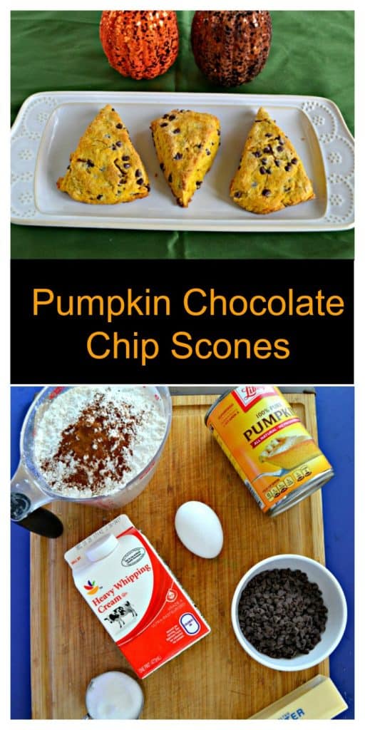 Pin Image:  A green background with a white platter laying horizontally and 3 orange colored scones on the platter studded with brown chocolate chips and behind the platter is a glittery orange pumpkin and a glittery brown pumpkin, text overlay, a cutting board with a cup of flour, a can of pumpkin, a carton of whipping cream, an egg, a cup of sugar, a stick of butter, and a bowl of chocolate chips. 