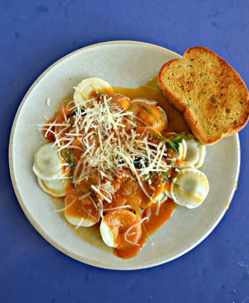 A white dish piled with ravioli in an orange cream sauce sprinkled with Parmesan cheese with a slice of garlic bread in the upper right hand corner of the plate all on a blue background.