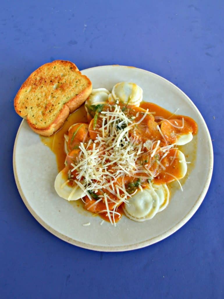 A white dish piled with ravioli in an orange cream sauce sprinkled with Parmesan cheese with a slice of garlic bread in the upper left hand corner of the plate all on a blue background.