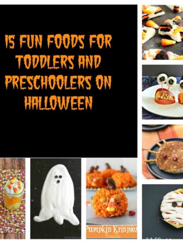 Pin Image: Upper left half of the photo is a black backgroundn with orange text that is surrounded by photos. Starting at top right it is broken pieces of Halloween bark, Halloween Monster mouths made from apples and lychees, a grilled cheese that looks like a spider, mini pizzas that look like mummies, rice Krispies pumpkins, a large white ghost fruit dip, and yellow, orange, and white fruit parfaits.