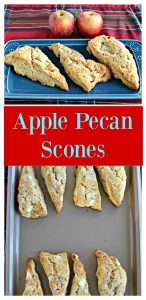 Pin Image: A blue platter with three large, golden brown scones on it on a red plaid background with two apples in the back, text overlay, a baking sheet with 8 scones on it, two rows of 4.