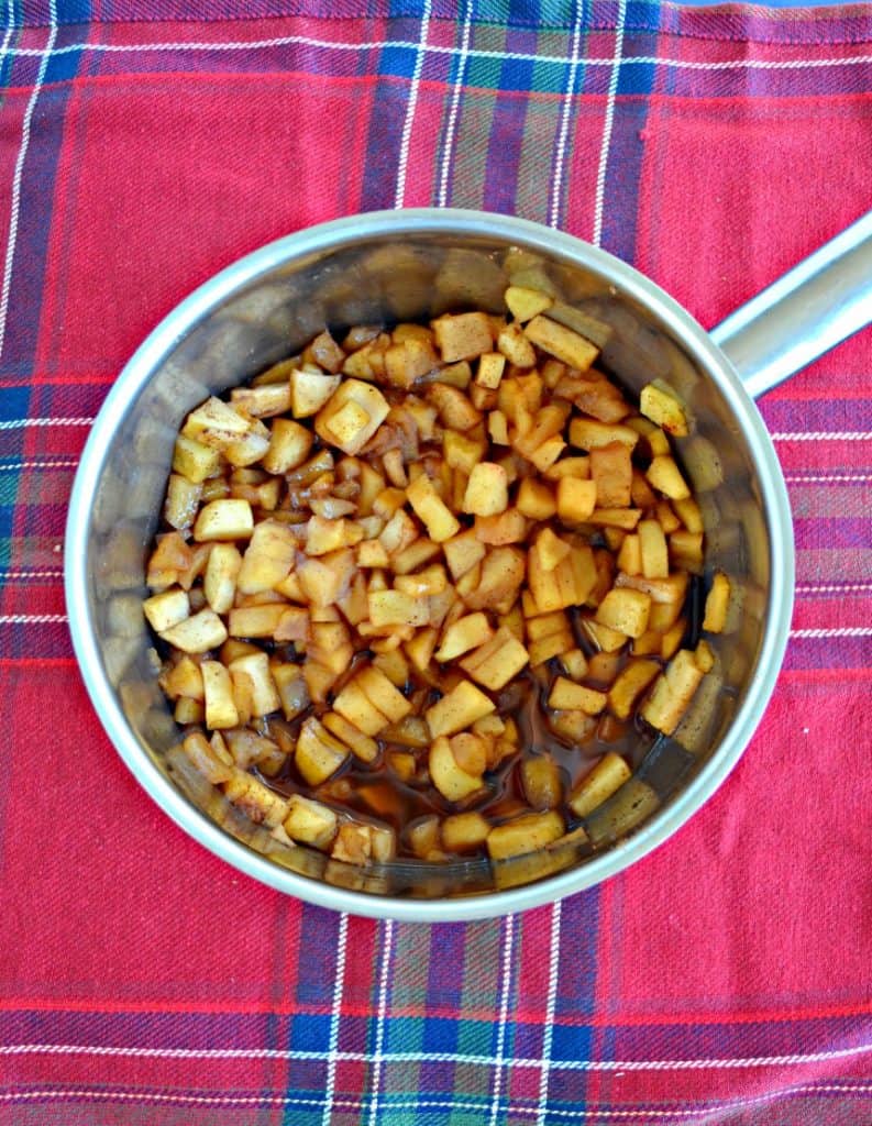 A pot filled with chopped apples covered in cinnamon sitting on a red plaid background.