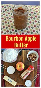 Pin Image: A glass jar filled with brown apple butter on a yellow background with yellow, red, and green ornaments on it, text overlay, a cutting board with a cup of flour, an apple, a measuring cup of cugar, a stick of butter, and a container of cinnamon on it.