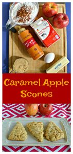 Pin Image: A cutting board topped with a cup of flavor, two red apples, a carton of heavy cream, a bottle of caramel sauce, an egg, a cup of brown sugar, and a stick of butter, text overlay, a white platter with three triangular scones on it with two red apples behind the platter.