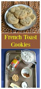 Pin Image: A white plate topped with French Toast Cookies on a brown animal print background, text overlay, a cookie sheet topped with a measuring cup of flour, a bottle of corn syrup, a small bowl of spices, a stick of butter, and a cup of sugar.