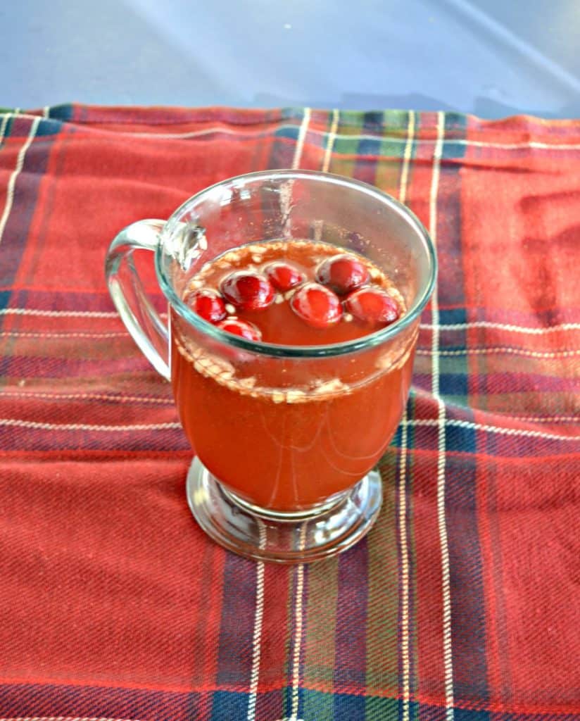 A clear mug filled with red liquid and cranberries floating on top on a red and green plaid tablecloth.