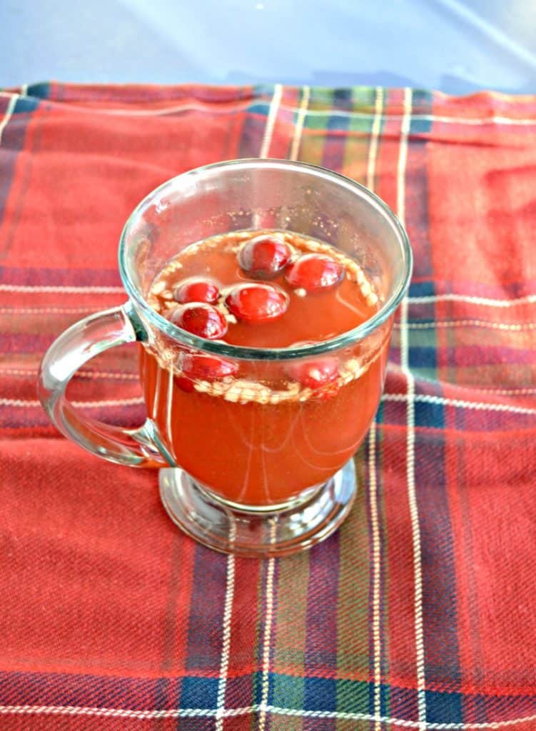 A clear mug filled with red liquid and cranberries floating on top on a red and green plaid tablecloth.