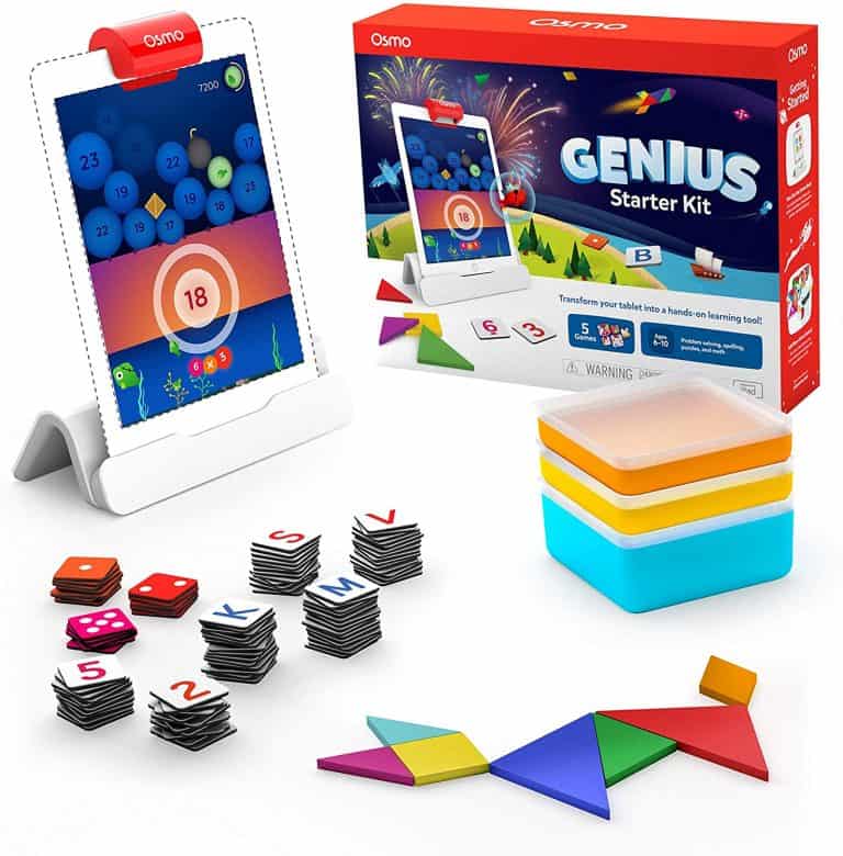 A collection of tangrams in the shape of a cat, an iPad, and the Osmos box.