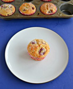 A white dessert plate with a golden brown muffin studded with purple grapes in the middle of it with a muffin tins filled with more muffins behind it on a blue background.