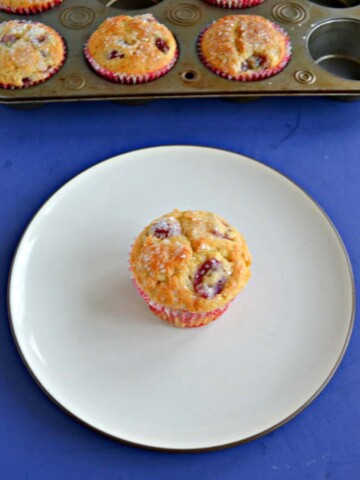 A white dessert plate with a golden brown muffin studded with purple grapes in the middle of it with a muffin tins filled with more muffins behind it on a blue background.