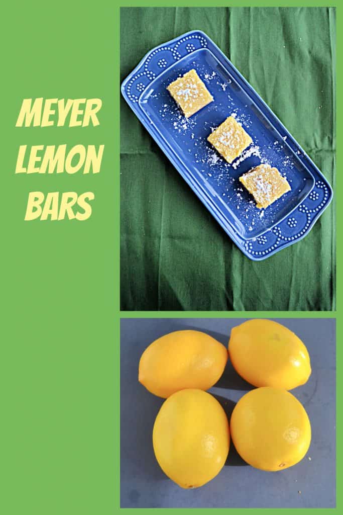 Pin Image: Text overlay (yellow text on green background, A blue platter sitting diagonally with three lemon bars, topped with powdered sugar, sitting on top of it on a green background, 4 yellow Meyer lemons
