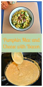 Pin Image: A bowl filled with orange macaroni noodles, green Brussels sprouts, red bacon, all on a sparkling orange background with a stuffed scarecrow in the upper lefthand corner, text overlay, a pan with pumpkin sauce in it and a spoon held above the pan dripping saucec down into the pan.