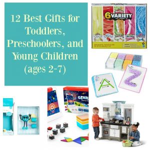 Pin Image: Text overlay, five photos of best gifts for toddlers: a blue light up glo pal, an Osmo starter kit with ipad, tangrans, and box, a play kitchen set with two kids playing in it, a box divided into 8 sections with 8 colors of play foam and 2 letter cards A and Z, and a box of play Doh