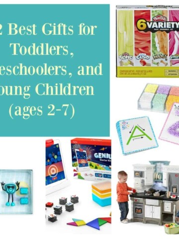 Pin Image: Text overlay, five photos of best gifts for toddlers: a blue light up glo pal, an Osmo starter kit with ipad, tangrans, and box, a play kitchen set with two kids playing in it, a box divided into 8 sections with 8 colors of play foam and 2 letter cards A and Z, and a box of play Doh