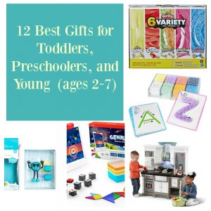 Pin Image: Text overlay, five photos of best gifts for toddlers: a blue light up glo pal, an Osmo starter kit with ipad, tangrans, and box, a play kitchen set with two kids playing in it, a box divided into 8 sections with 8 colors of play foam and 2 letter cards A and Z, and a box of play Doh.