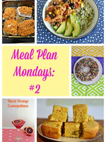 Pin Image: A plate of crispy fried fish, a bowl filled with rice, chicken, and vegetables, text overlay, a yellow, purple, and green sprinkles monkey bread cake for Mardi Gras, a gorgeous pink and orange Blood orange margarita with an orang slice floating in it, a plate with Jalapeno Cornbread Hummus stacked on top of it.