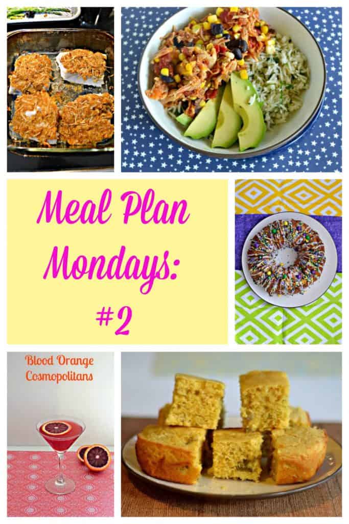 Pin Image: A plate of crispy fried fish, a bowl filled with rice, chicken, and vegetables, text overlay, a yellow, purple, and green sprinkles monkey bread cake for Mardi Gras, a gorgeous pink and orange Blood orange margarita with an orang slice floating in it, a plate with Jalapeno Cornbread Hummus stacked on top of it.