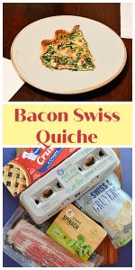 Pin Image: A plate with a slice of Spinach and bacon quiche on it, text overlay, a cutting board with a box of pie crusts, a carton of eggs, a package of bacon, a package of spinach, and a bag of swiss cheese on it.