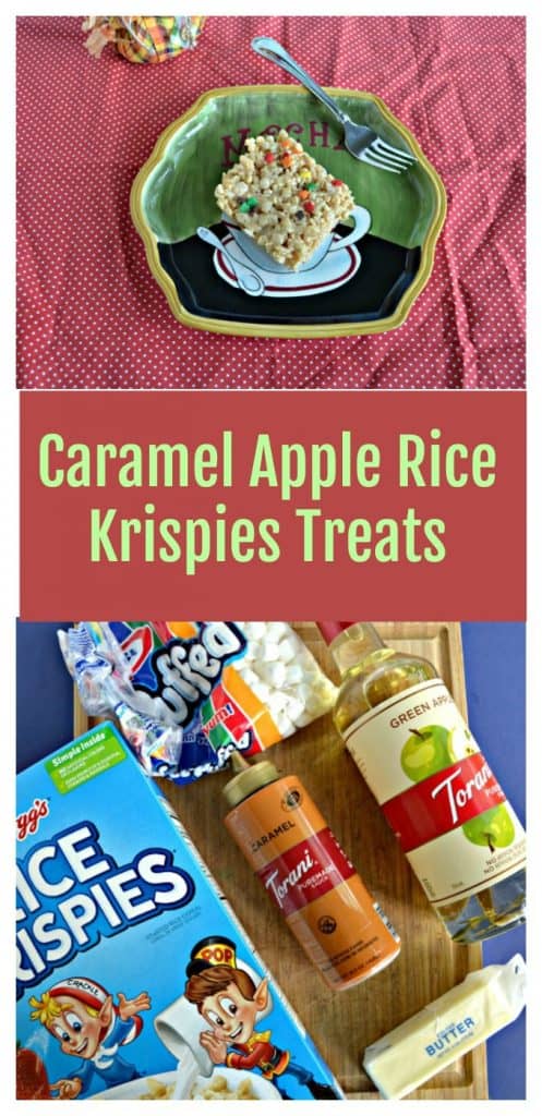 Pin Image:   A plate with a single Rice Kripsies Treat on it with a fork in the upper left on a red background, text overlay, a cutting board with a box of Rice Krispies, a bottle of caramel sauce, a bottle of apple syrup, a bag of marshmallows, and a stick of butter on it. 