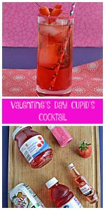 Pin Image: Cupid's Cocktail is a bright red cocktail in a tall glass rimmed with red sugar, two heart shaped strawberry garnishes, and a fun paper straw on a pink and blue background, texte overlay, a cutting board with the ingredients for a Cupid's Cocktail including a jar of cherries, jar of sprinkles, a mini bottle of vodka, a can of gingerale, and a bottle of cranberry juice.