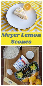 Pin Image: A large Meyer Lemon Scone on a white plate with a slice of lemon on a yellow and white background, text overlay, a cutting board topped with a conatiner of sour cream, a cup of flour, a bag of lemons, an egg, and a stick of butter.