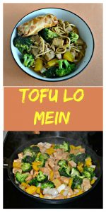 Pin Image: A large bowl filled with tofu, broccoli, and noodles with a golden brown eggroll in the upper right corner all on an orange background, text overlay, a pan with tofu, broccoli, and noodles cooking in a brown sauce.