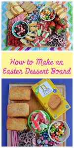 Pin Image: A colorful pastel dessert board filled with candies, cookies, fruits, and quick breads in Easter colors, text, a cutting board with mini breads, a box of graham crackers, bowls of candy, and other sweet treats in pastel colors.