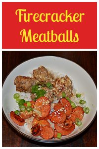 Pin Image: Text, a bowl filled with rice, Firecracker meatballs, roasted carrots, and scallions.